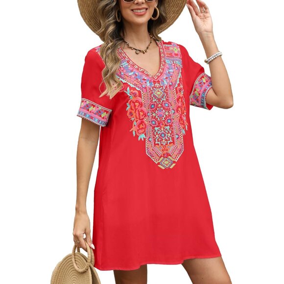 Mexican Embroidered Dress Plus Size Summer Boho Beach Vacation Cotton - Picture 4 of 5